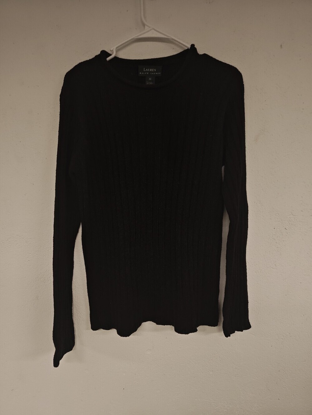Lauren Ralph Lauren Women M Black Ribbed Silk Linen Cotton Sweater Y2K